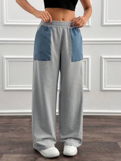 Cloudara Pantaloni della tuta casual in stile ampio con dettagli in denim grigio