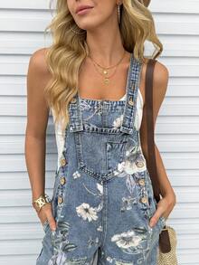 SHEIN Holidaya Women's Sleeveless Square Neck Floral Print Denim Jumpsuit - Blue - View 7