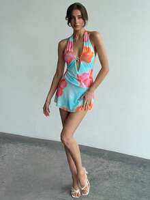 Aloruh Đầm ôm sát ngắn hở lưng cổ chữ V sâu, họa tiết hoa vàng nhuộm tie-dye, phong cách nghỉ mát châu Âu và Mỹ mùa hè tươi mới. - Màu xanh lam - Xem 4