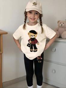 2件套女童休闲创意可爱小熊贝雷帽T恤裤套装，舒适日常穿着，适合春、夏、秋季穿着。 - 彩色 - 查看 3