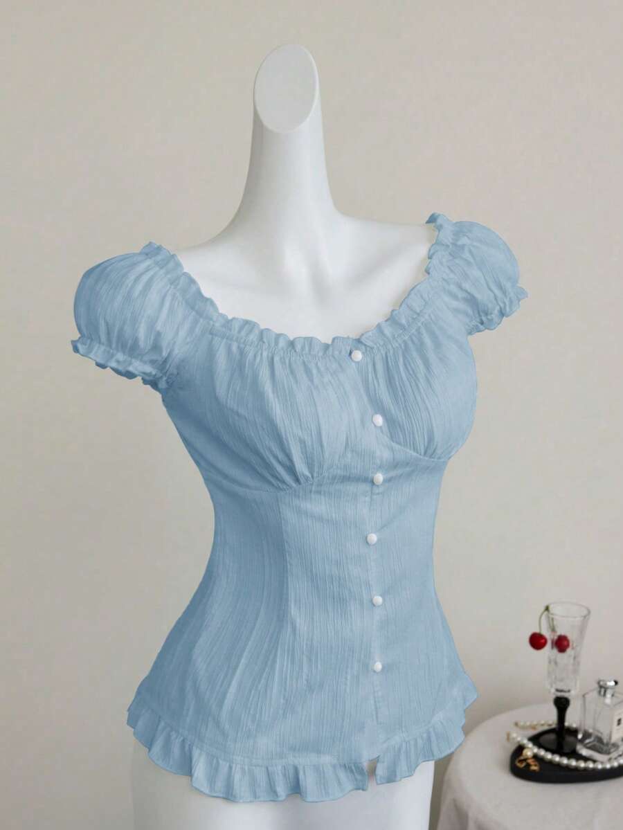 Elamini White Sexy Off-Shoulder Puff Sleeve Frill Trim Fitted Blouse, Slimming, Suitable For Spring/Summer Vacation - Baby Blue - View 1