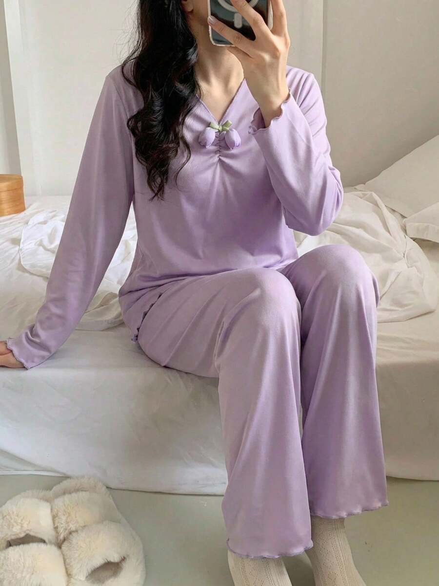 مجموعة بنطلون ولباس علوي بأكمام طويلة لون بنفسجي غامق بيجامات مريحة للبنات قطعتان - الأرجواني - مشاهدة 1