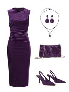 Ellevyn Women's Sleeveless Pleated Printed Mesh Knit Dress, Summer - Purple - View 2