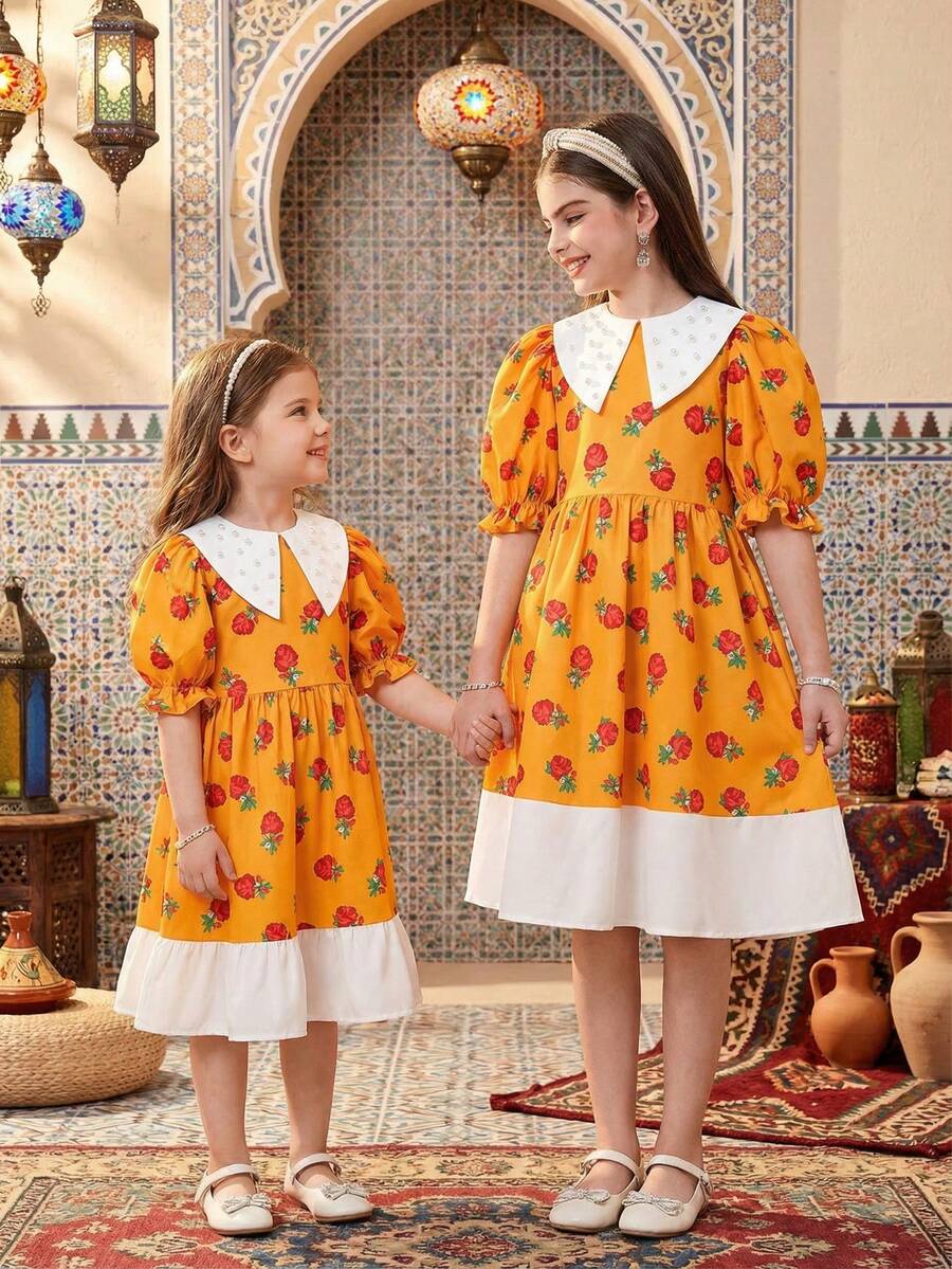 SHEIN Tween Girl Woven Floral Colorblock Beaded Doll Collar Puff Sleeve Cinched Waist Mid-Length Dress, Suitable For Travel, Vacation, Countryside Style, Casual Resort, Boho, Matching Sister & Daughter, Yellow Dress, Kids Dresses Puff Sleeve, Girls Matching Dresses, Girls Puff Sleeve Dress - Yellow - View 1