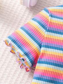 SHEIN 2件套女童针织条纹休闲T恤和打底裤套装 - 彩色 - 查看 7