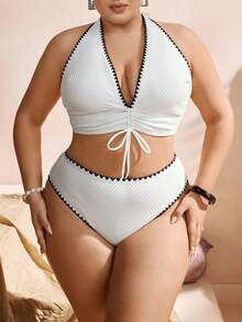 Swim Chiccia 2pcs Plus Size Women Textured Halter Neck Shell Trim Triangle Bikini Set, Vacation - White - View 3