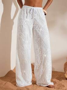 Opulessa 女士纯色宽松阔腿低腰针织裤，春夏款，适合春夏过渡季节、情人节、狂欢节等场合，优雅百搭，适合派对、海滩、婚礼宾客、夏季度假等休闲场合。 - 白色 - 查看 3