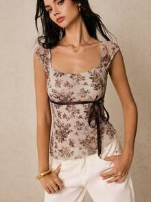 Women's Asymmetrical Hem Printed T-Shirt, Casual Summer Vacation - Khaki - View 4