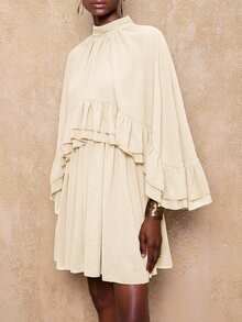 Lumalex VITNOS Rochie scurtă lejeră, elegantă, de toamnă, cu guler înalt, cu tiv dublu, cu volane, culoarea cafelei, sexy, pentru club de noapte, rochie pentru invitați de nuntă, rochie pentru întoarcerea la școală, ținută de toamnă