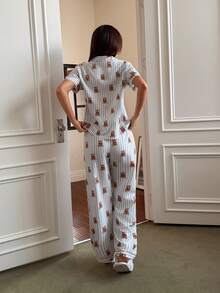 Napfluff Cute Cartoon Bear Plaid Print Short Sleeve & Pants Women Pajama Set - Multicolor - View 2