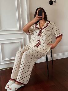 Dream Adore Plus Size Contrast Color Frill Trim Polka Dot Print Lapel Short Sleeve Loose Pajama Set Polka Dot Pajama Set Pajama Jumpsuit Cherry Pajamas Bow Pajamas Vintage Pajama Set - Apricot - View 3