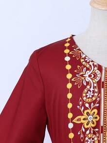 SHEIN Tween Girls' Burgundy Long Sleeve Robe. The Main Body Is Made Of Burgundy Fabric, With A Sheer Chiffon Hem That Provides A Flowing And Lightweight Feel. The Neckline, Front Placket, And Cuffs Feature Golden-Colored Printed Patterns, Decorated With Beaded Prints. A Matching Printed Belt Is Included At The Waist. The Design Combines Elements And Festive Dress Features. - Burgundy - View 7