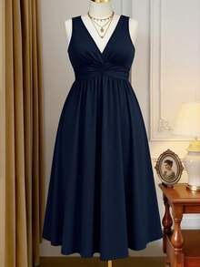 EMERY ROSE 大码黑色 V 领腰部褶皱针织连衣裙 - 藏蓝色 - 查看 1