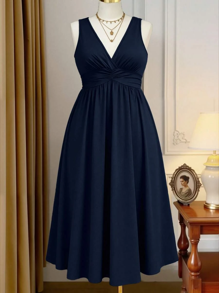 EMERY ROSE 大码黑色 V 领腰部褶皱针织连衣裙 - 藏蓝色 - 查看 1