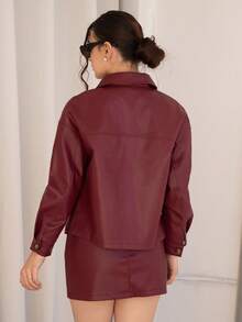 Andrea Bello 2 Stücke/Set Damen Jacke/Mantel Top und Mini Rock in Unifarbe - Bordeaux - Übersicht 2