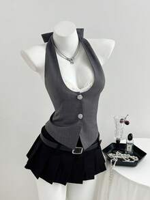 Elamini Women's Dark Grey Suit Vest, Professional Office Workwear, Business Casual, Spring/Summer - Dark Grey - View 1