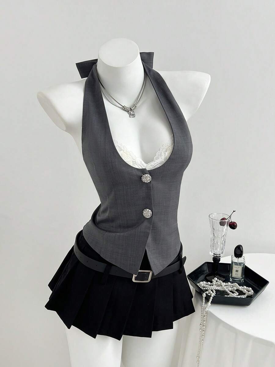 Elamini Women's Dark Grey Suit Vest, Professional Office Workwear, Business Casual, Spring/Summer - Dark Grey - View 1