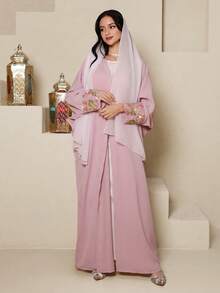 Yasmyna Women's Sequin Floral Embroidery Cuff Loose Elegant Arabic Abaya Robe