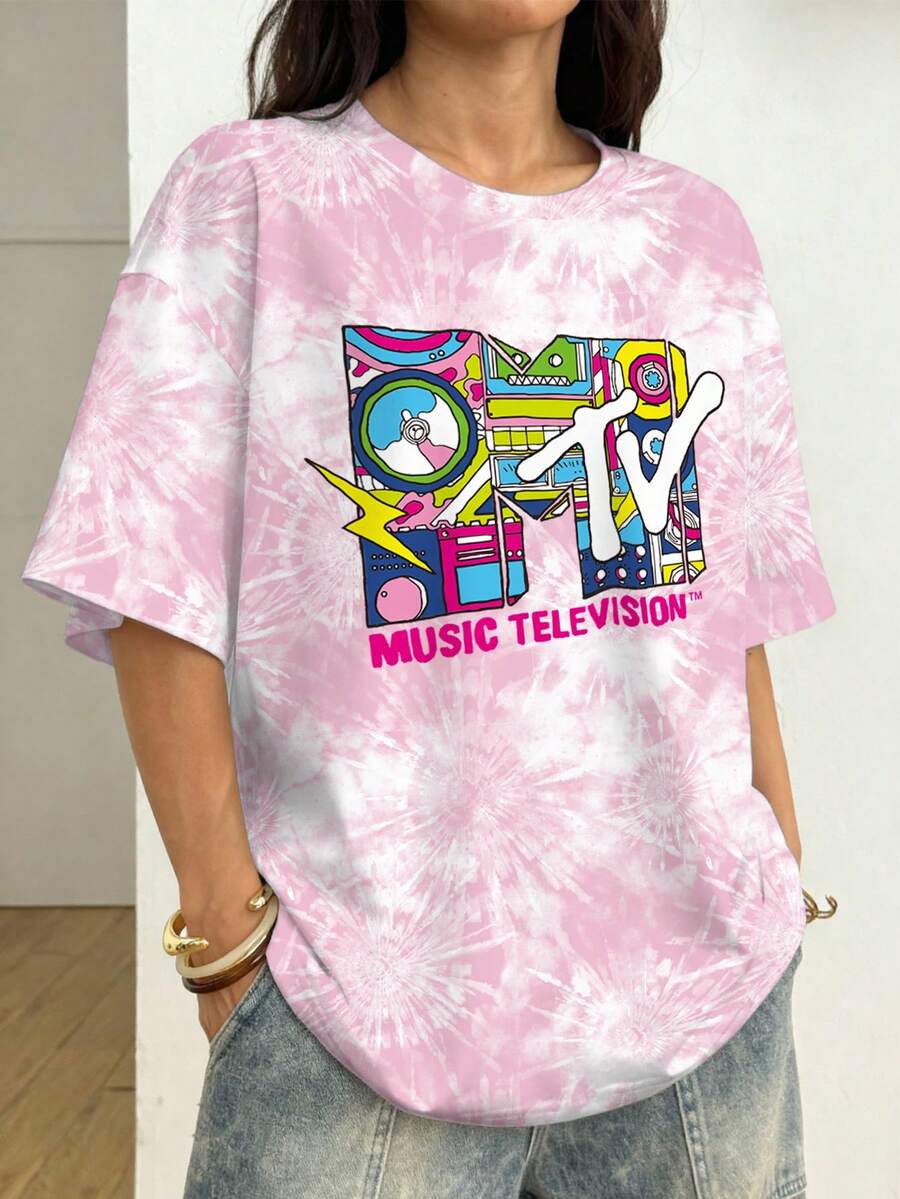 MTV | SHEIN Women's Letter & Cartoon Graphic Round Neck Short Sleeve T-Shirt - White - View 1