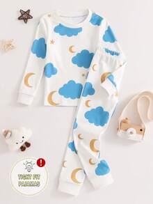 2 pièces/set Haut à manches longues et pantalon de pyjama ajusté avec imprimé lune et nuage, pour jeune garçon, en tricot doux - Rouge - Voir 3