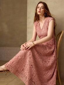 MOTF PREMIUM WOMEN'S LACE A-LINE DESIGN MIDI DRESS, SUITABLE FOR OCCASIONS, DATES, SPRING/SUMMER - Dusty Pink - View 6