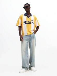 SUMWON 休闲修身条纹短袖翻领Polo衫，胸前印花字母图案，适合夏季春季日常周末休闲穿着 - 黃色 - 查看 3