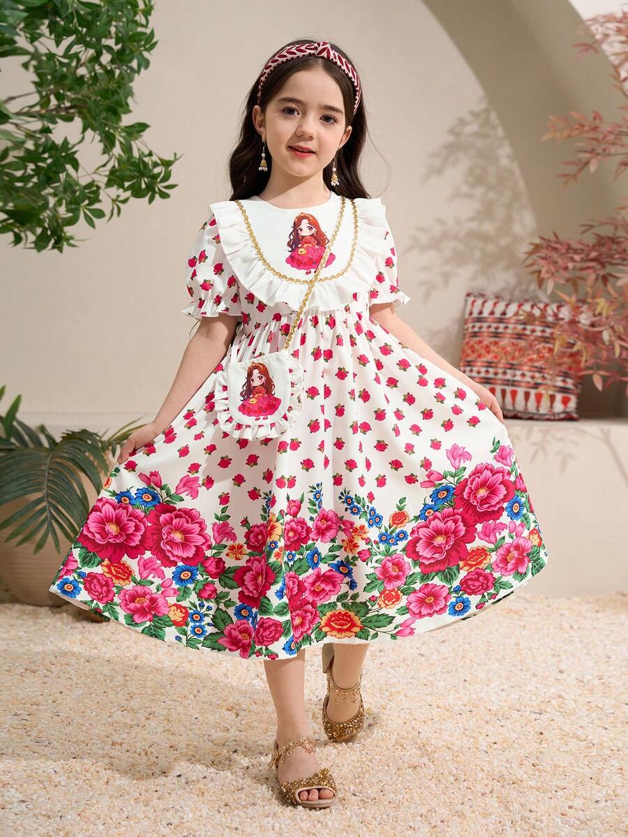 女童深绿色阿巴雅长袍,中东穆斯林女童传统服饰,碎花连衣裙,荷叶边下摆,舒适百搭,适合外出穿着,搭配手提包和金属饰边。 - 彩色 - 查看 1