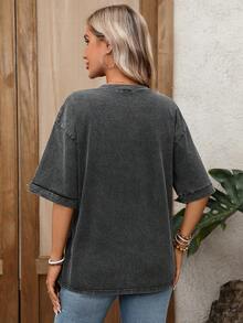 EMERY ROSE Camiseta de mujer de manga corta con cuello en V y hombros caídos, informal y lavada, top casual de verano para vacaciones - Negro - Ver 2