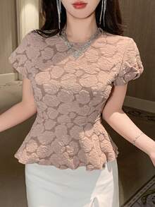 DAZY Women's Elegant Jacquard Round Neck Ruffle Hem Puff Sleeve T-Shirt, Summer - Apricot - View 5