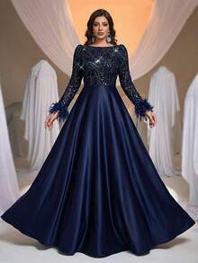 Aureia 大码优雅浪漫船领蓝色奢华亮片拼接婚纱，长袖薄纱袖羽毛拼接大A字裙，适合婚礼、派对、庆典活动、正式场合（重工装饰设计） - 藏蓝色 - 查看 4