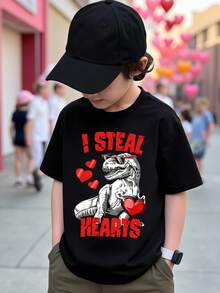 SHEIN GraphicGems 男童情人节休闲时尚创意个性清新简约恐龙爱心标语印花基础款短袖T恤，舒适透气，适合情人节氛围 - 黑色 - 查看 5