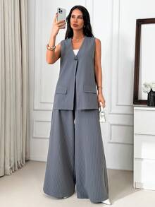 SHEIN Women's Striped Single-Breasted Sleeveless Jacket And Wide-Leg Pants Casual Suit Set - Dark Grey - View 4
