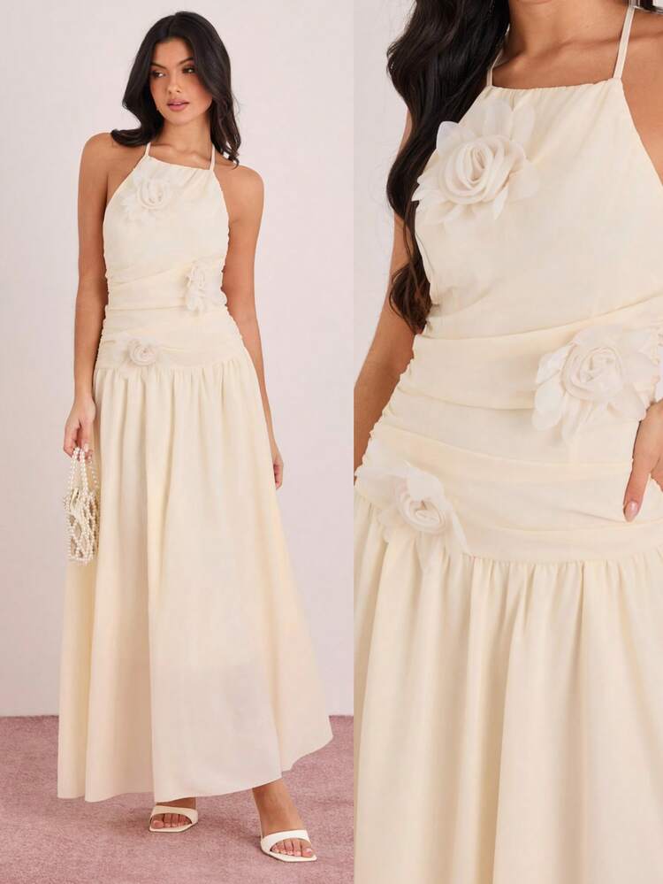 Enchnt فستان صيفي للنساء بطيات ثلاثية الأبعاد بزهور وياقة حلقية - لون مشمشي - مشاهدة 4