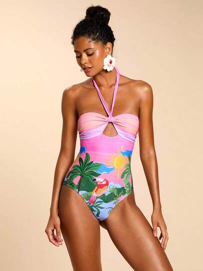 Travachic Traje de baño de una pieza con estampado integral, cuello halter y espalda descubierta con pliegues para mujer