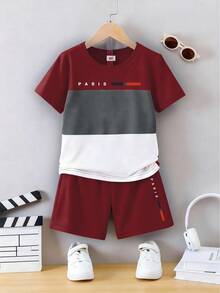 Fantacosmos 2件套幼儿男童巴黎字母图案印花拼接圆领短袖T恤和短裤套装，夏季休闲装，适合幼儿男童日常穿着和玩耍 - 彩色 - 查看 4