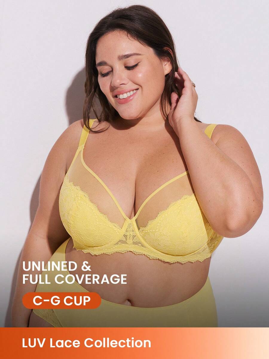 LUVLETTE Plus  Soft Woman Lingerie Lounge Curve Sheer Full Coverage Support&Breathable Underwire Sexy Unlined Minimizer Lace Elegance & Mesh Yellow Bra Bridal Intimates - Yellow - View 1