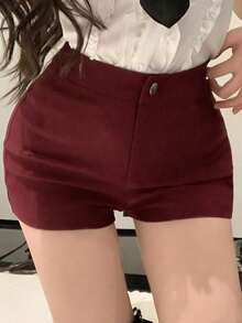 DAZY 女士纯色修身休闲短裤嘉年华 - 酒紅色 - 查看 5
