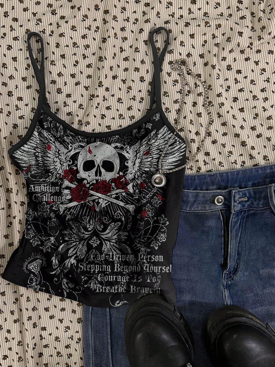 Attitoon Women's Casual Sexy Camisole Tight Racerback Tank Top With Skull Print Spring - Multicolor - View 1