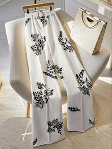 GlowEve CURVE Pantalones rectos de pierna ancha con estampado para mujer, diseño elegante de cintura, adecuados para uso diario, ir al trabajo, casual, negocios, estilo francés, primavera/verano y otoño/invierno - Multicolor - Ver 4