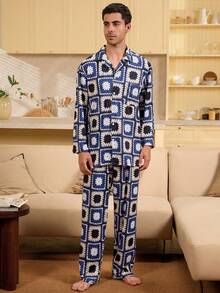 Velminro Men's Turndown Collar All-Over Print Single-Breasted Long Sleeve Top And Pants Casual Loungewear Set Men Sleepwear Couple Twinning Outfits - Mint Blue - View 5