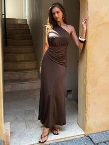 SHEIN BAE Women's Dark Brown Summer Elegant Party Night Asymmetrical Shoulder Backless Dress,Fashionable Beach Vacation Outfit,Spring Break Outfits - Brown - View 6