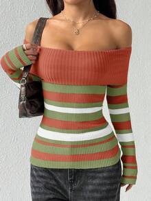 Flirla Women's Autumn Fashionable Color Block Striped Foldover Off Shoulder Fitted Sweater - Rust Brown - View 6