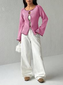 Flirla Women's Contrast Trim Raglan Sleeve Flared Cuff Casual Knit Cardigan - Hot Pink - View 3