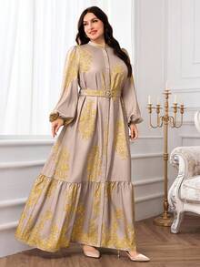 Modelyn Plus Size Mandarin Collar Lantern Sleeve Ruffle Trim Button Front Dress - Khaki - View 5