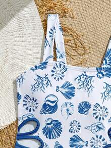 SHEIN Tween Girls' Spaghetti Strap Bikini Top, Casual & Fashionable With Blue Shell & Ocean Element Pattern, Hollow Lace Trim On Sides, Suitable For Vacation, Unlocking Summer Fashion - Multicolor - View 3