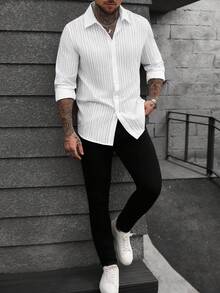 SLATEMANN Camisa casual de manga larga con botones delanteros de unicolor para hombre - Blanco - Ver 4