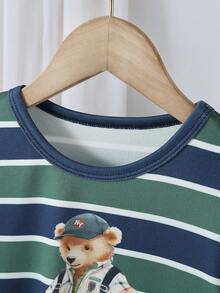 Set de pijama de 2 piezas con parte superior de manga corta con estampado de oso a rayas y pantalón largo para niño pequeño, de tela de punto, estilo casual y lindo, cómodo y suave - Verde - View 4