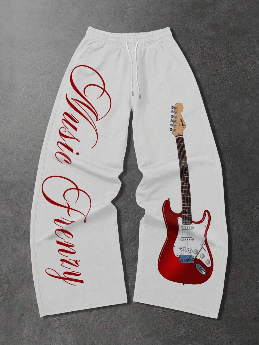 ROMWE MEN Street Life 男士弹力腰带抽绳休闲宽松时尚天使印花运动裤 - 白色 - 查看 1