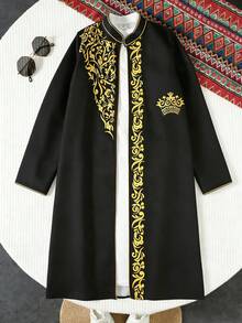 SHEIN 两件套男童复古花卉图案黑色长袍，金色装饰，长袖上衣搭配白色立领长衬衫，适合正式场合、生日派对、锐舞派对、晚宴、演出、婚礼、迎婴派对和一周岁生日庆祝。 - 黑色 - 查看 9