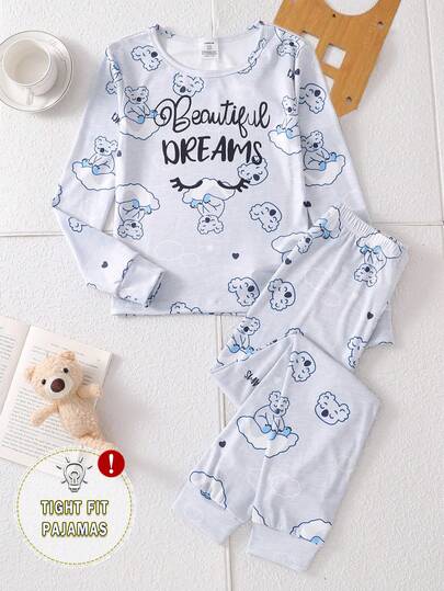 2 piezas Conjunto de pijama de manga larga y ajustado con estampado de nubes y koalas lindos para niñas